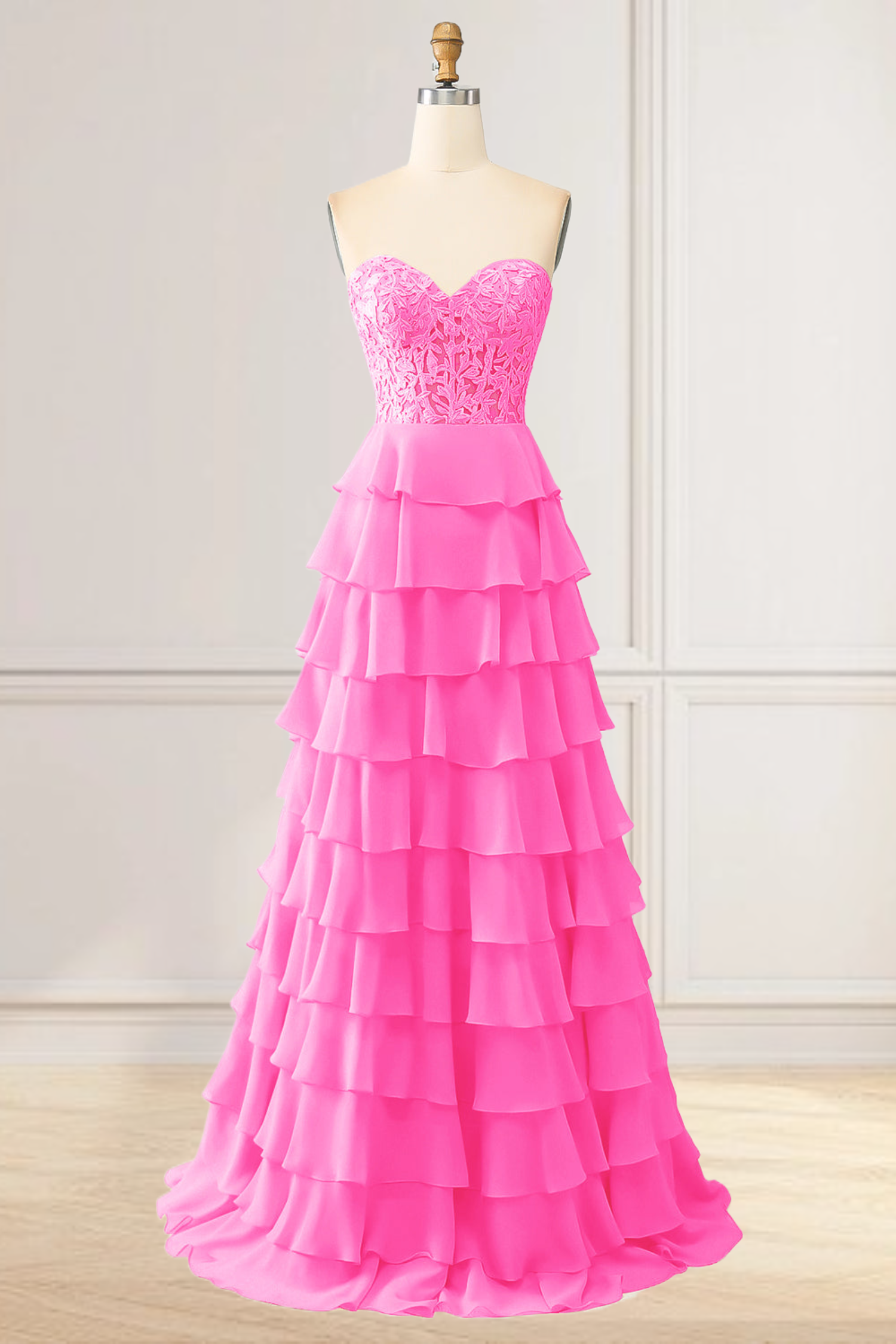 Dressime High Neck Ruffle Chiffon Long Tiered Prom Dresses with 3D Flower