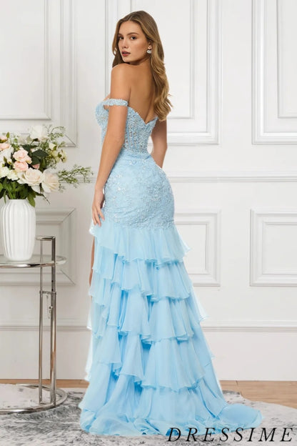 Dressime Mermaid Off The Shoulder Chiffon Slit Long Prom Dress With Appliques