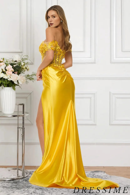 Dressime Mermaid Off The Shoulder Satin Slit Long Prom Dress With Flower