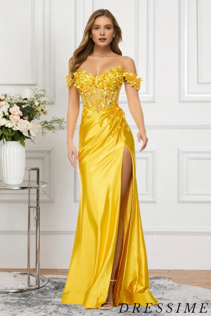 Dressime Mermaid Off The Shoulder Satin Slit Long Prom Dress With Flower