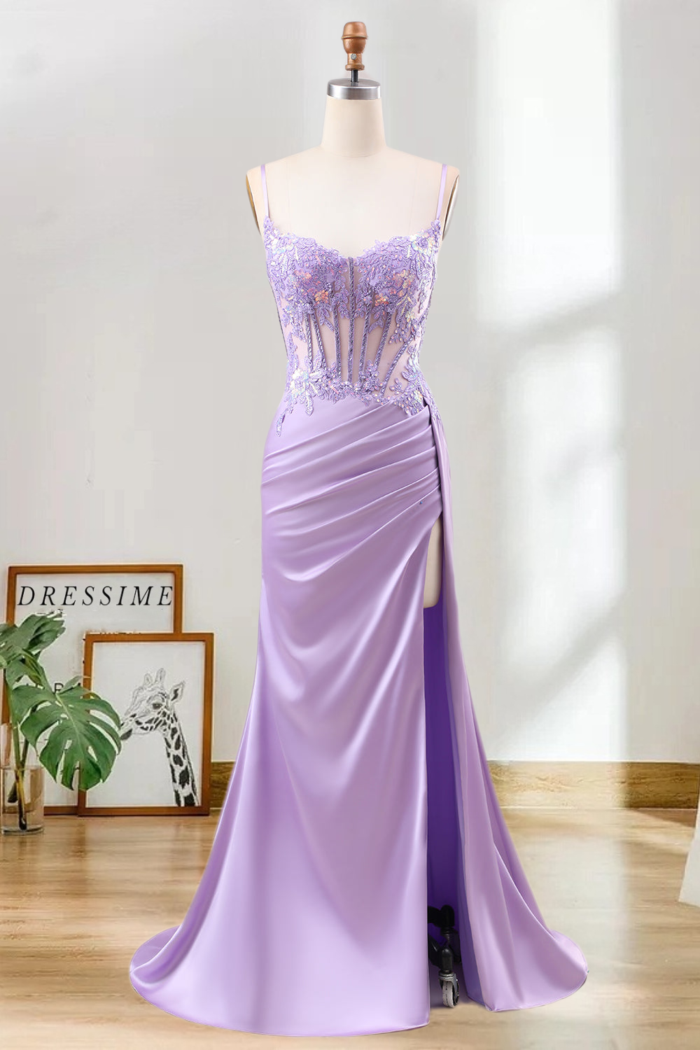 Dressime Mermaid Spaghetti Straps Pleated Sequin Corset Long Prom Dress With Slit