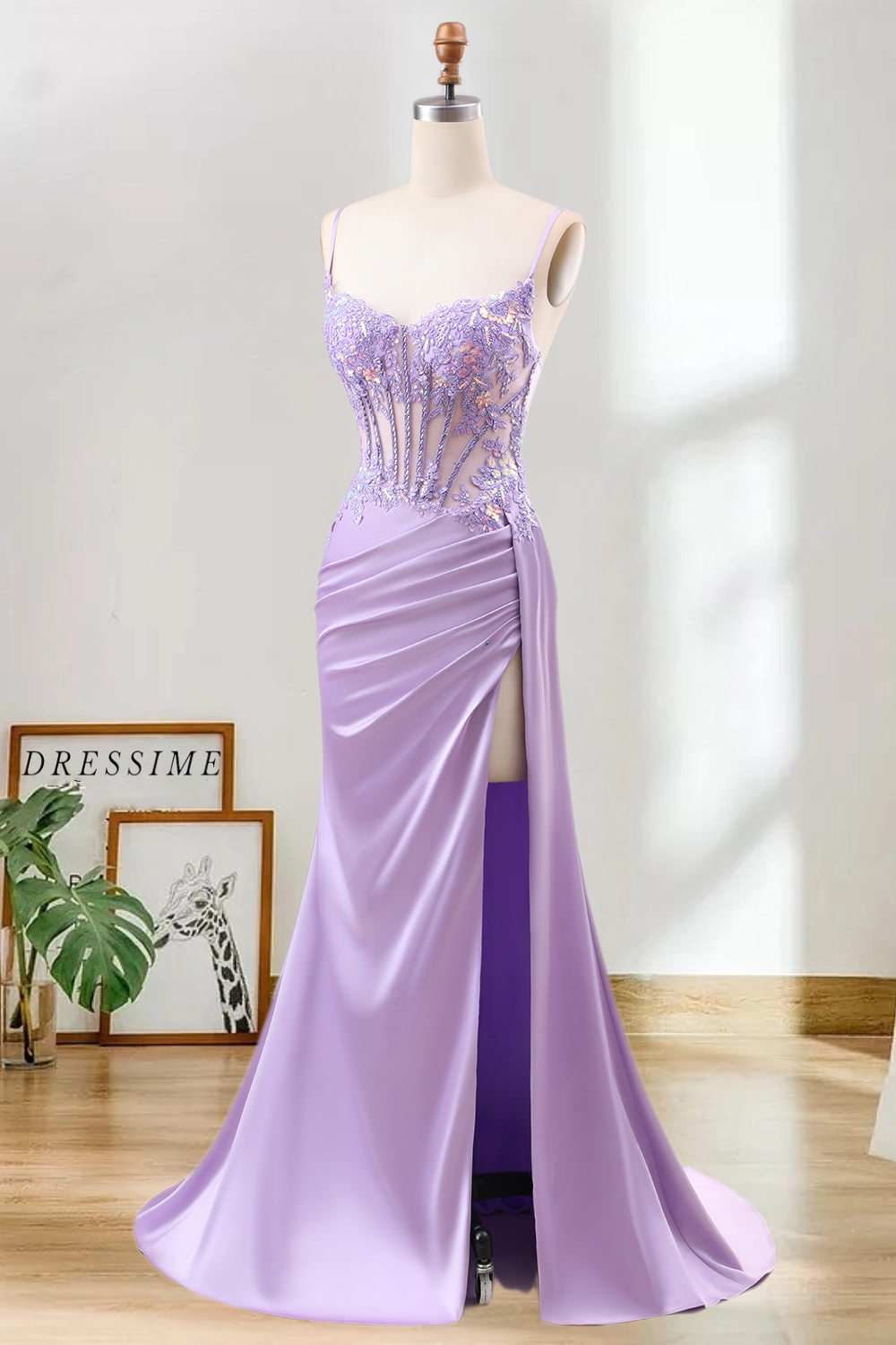 Dressime Mermaid Spaghetti Straps Pleated Sequin Corset Long Prom Dress With Slit