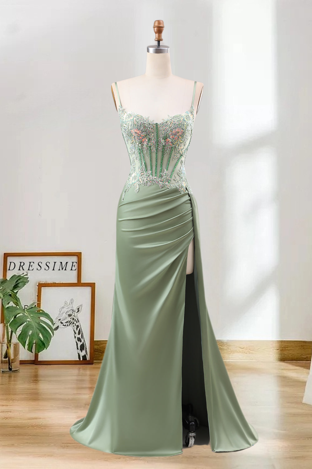 Dressime Mermaid Spaghetti Straps Pleated Sequin Corset Long Prom Dress With Slit