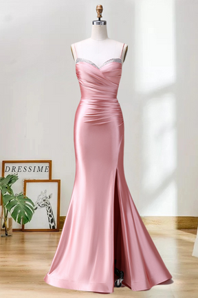 Dressime Mermaid Spaghetti Straps Satin Long Prom Dress With Slit