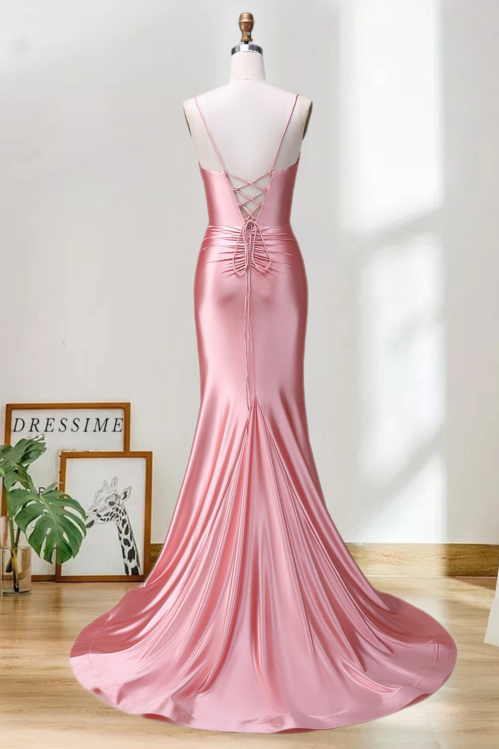 Dressime Mermaid Spaghetti Straps Satin Long Prom Dress With Slit