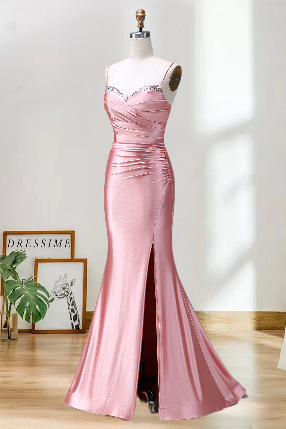 Dressime Mermaid Spaghetti Straps Satin Long Prom Dress With Slit