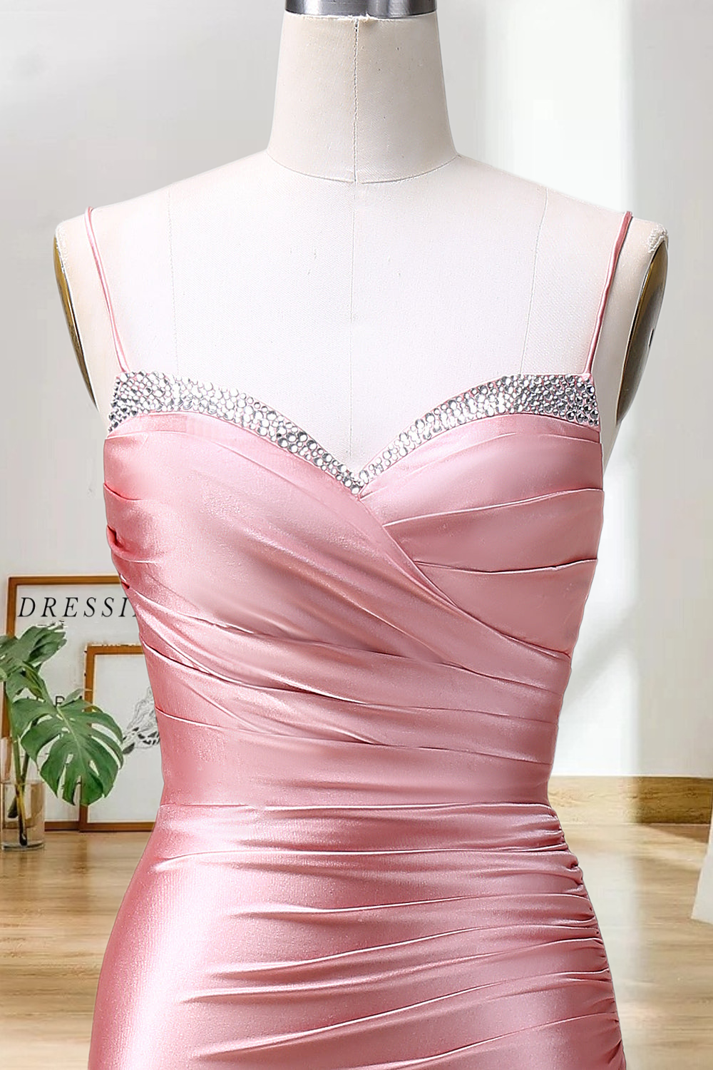 Dressime Mermaid Spaghetti Straps Satin Long Prom Dress With Slit