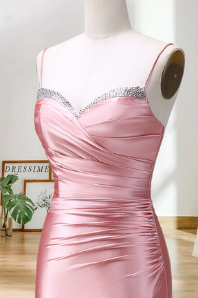 Dressime Mermaid Spaghetti Straps Satin Long Prom Dress With Slit