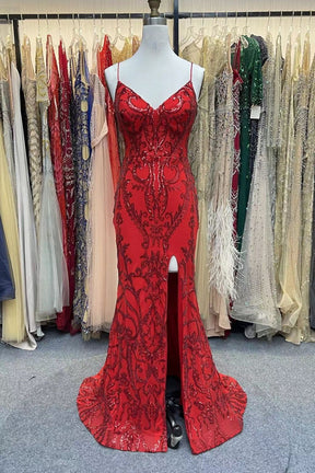 Dressime Mermaid Spaghetti Straps Sequins Prom Dress With Slit