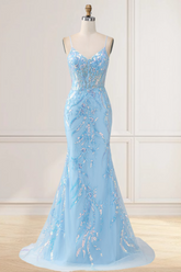 Dressime Mermaid Spaghetti Straps Tulle Long Prom Dresses with Sequin Appliques