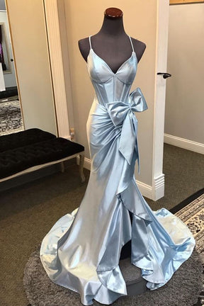 Dressime Mermaid  Straps V Neck Satin Slit Prom Dress with Bow
