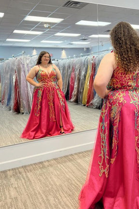 Dressime Plus Size A Line Straps Slit Long Prom Dress With Appliques