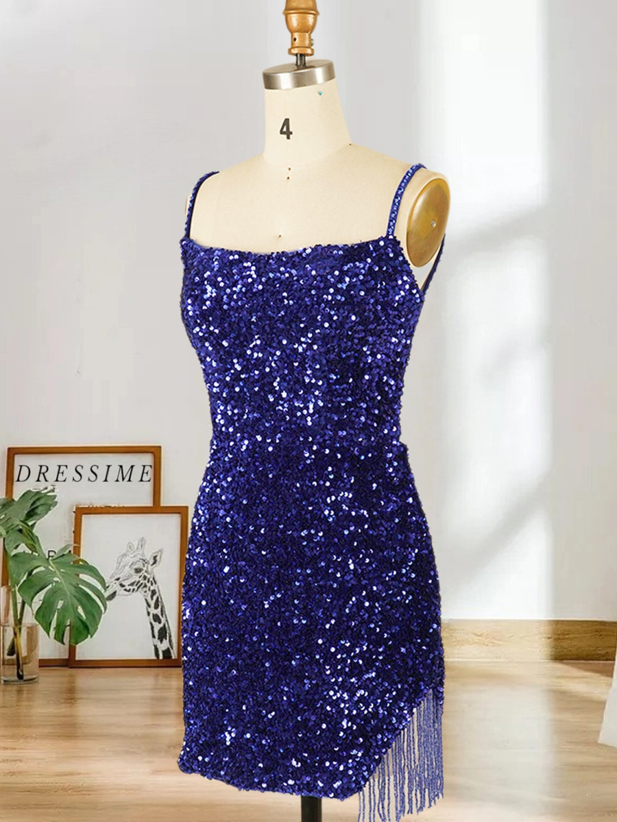 Dressime Plus Size Bodycon Sequins Spaghetti Straps Short Prom Homecoming Dresses with Fringes