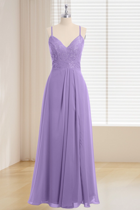 Dressime Plus Size Spaghetti Straps Lace & Chiffon Long Bridesmaid Dress With Slit