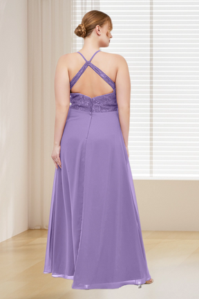 Dressime Plus Size Spaghetti Straps Lace & Chiffon Long Bridesmaid Dress With Slit