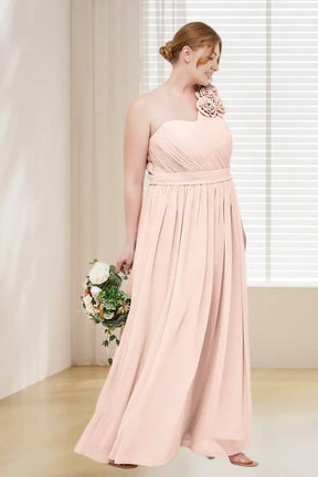 Dressime Plus Size One Shoulder Chiffon Bridesmaid Dress With Flowers Straps