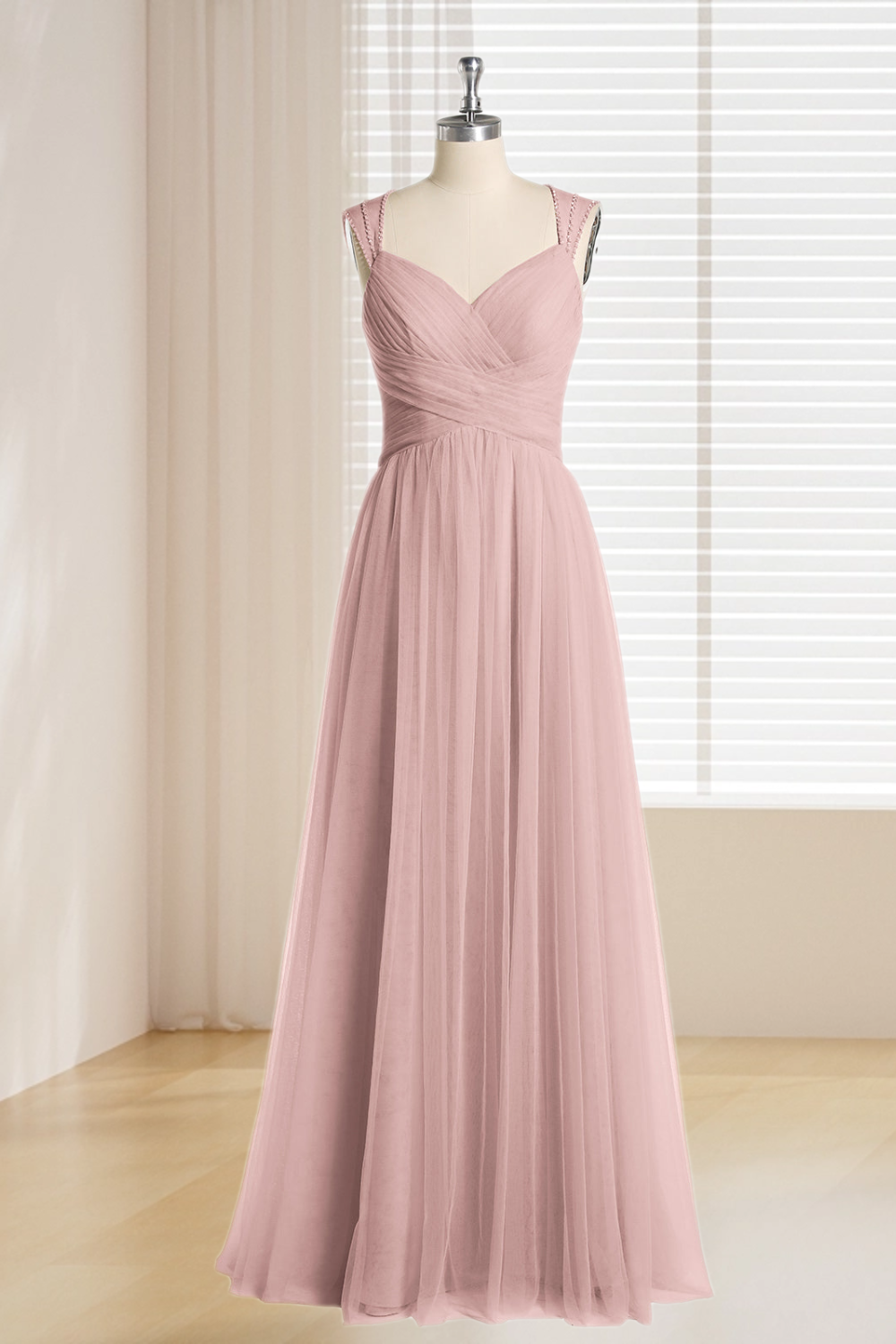 Dressime Plus Size Straps Tulle Cross Pleated Long Bridesmaid Dress With Beaded