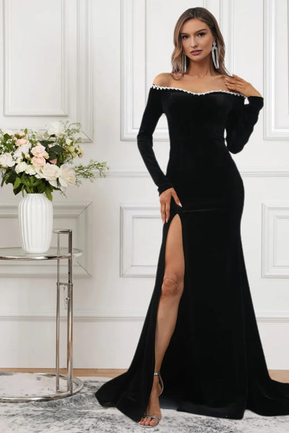 Dressime Saprkly Mermaid Off The Shoulder Velvet Slit Formal Dress With Pearls