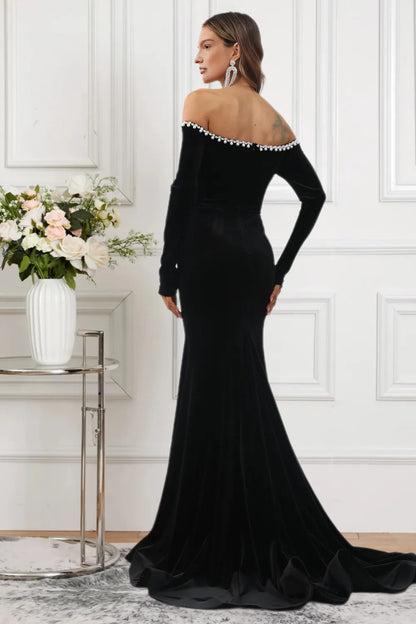 Dressime Saprkly Mermaid Off The Shoulder Velvet Slit Formal Dress With Pearls