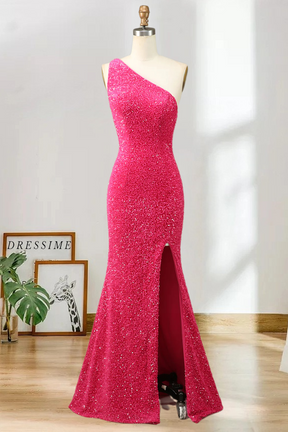 Dressime Sequin Prom Dresses Sheath/Mermaid One Shoulder Floor Length With Slit