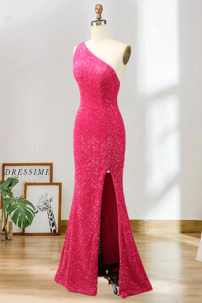 Dressime Sequin Prom Dresses Sheath/Mermaid One Shoulder Floor Length With Slit