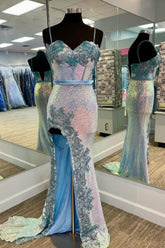 Dressime Sheath Spagetti Straps Sequin Long Prom Dress With Appliques
