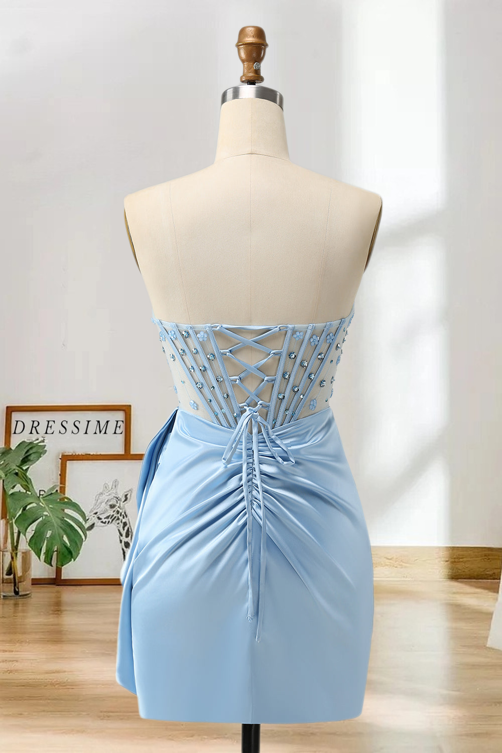 Dressime Sheath Sweetheart Beaded Corset Satin Homecoming Dress with Slit