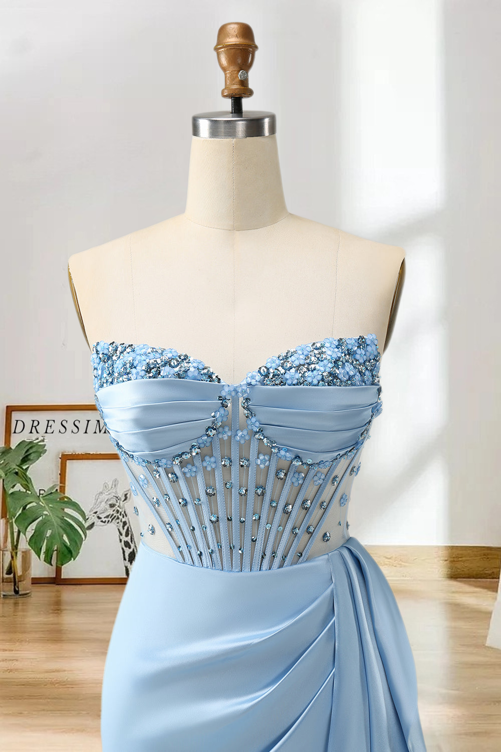 Dressime Sheath Sweetheart Beaded Corset Satin Homecoming Dress with Slit