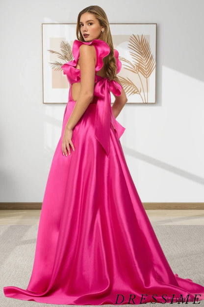 Dressime Sleek A-Line Square Satin Long Prom Dress With Slit