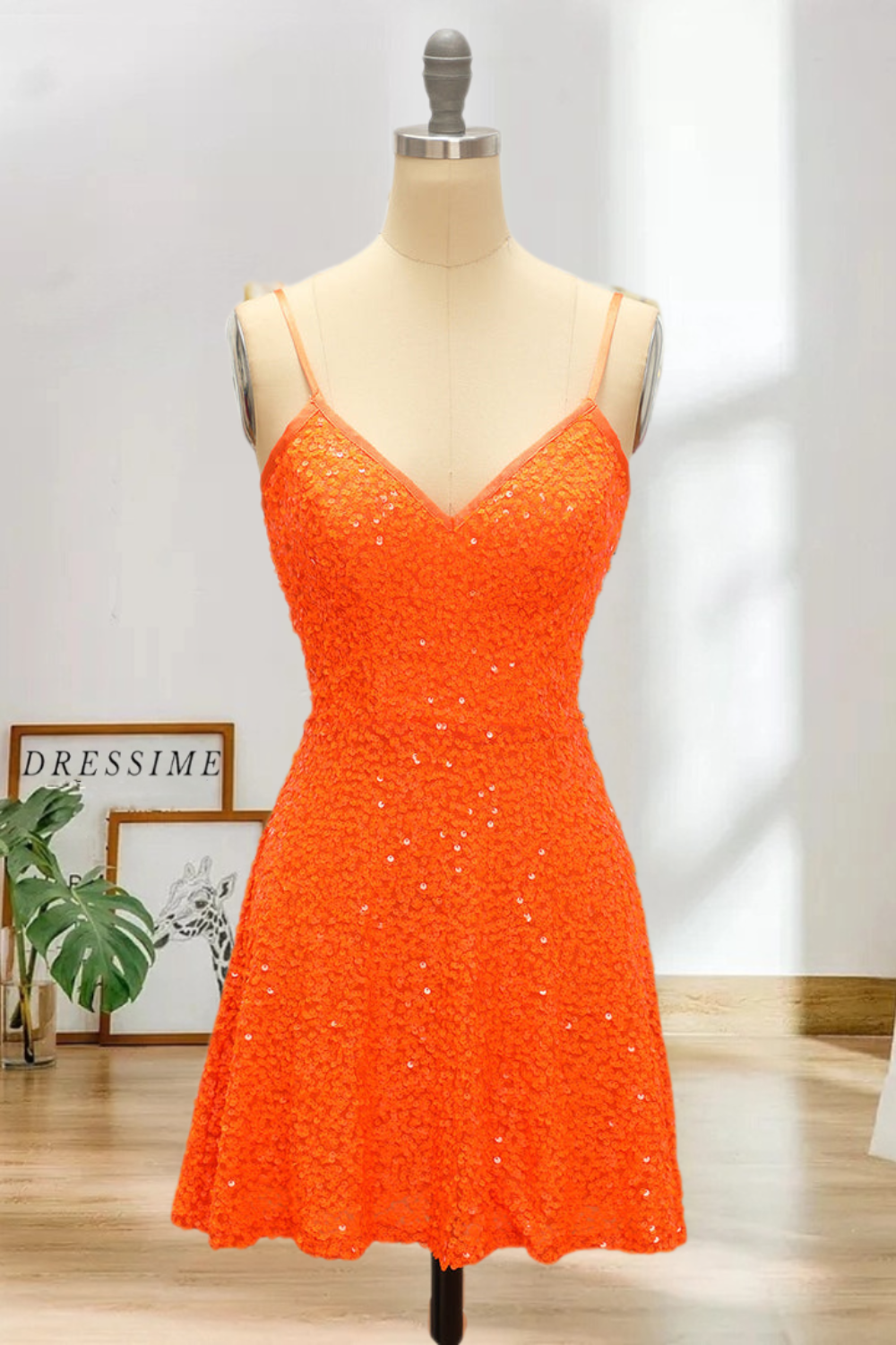 Dressime Spaghetti Straps Homecoming Cocktail Dresses A Line Sequins Short/Mini