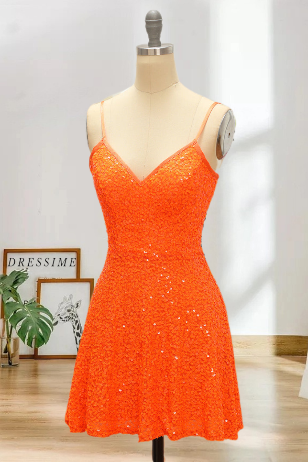 Dressime Spaghetti Straps Homecoming Cocktail Dresses A Line Sequins Short/Mini