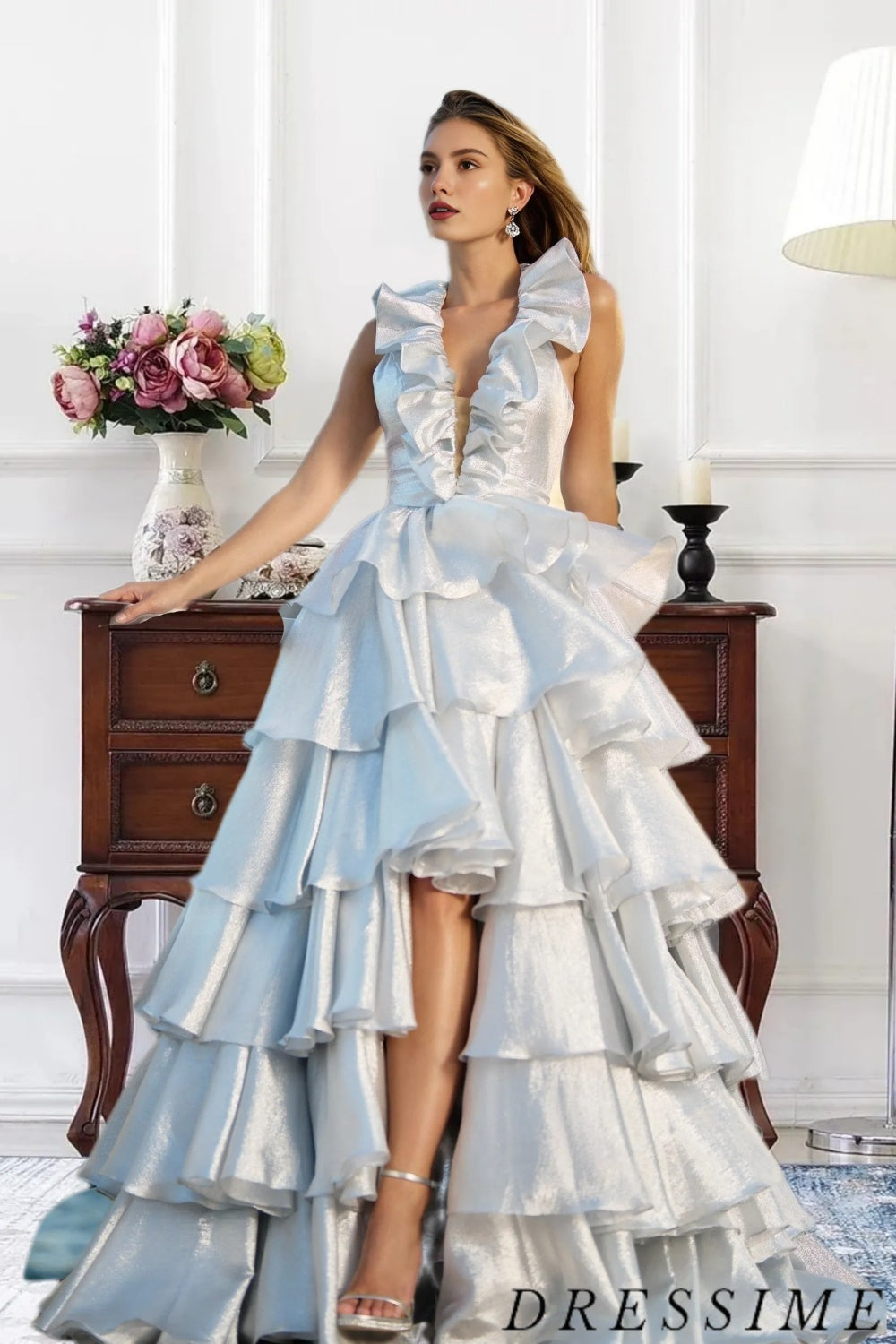 Dressime Sparkly A Line Halter Metallic Satin Tiered Long Prom Dress