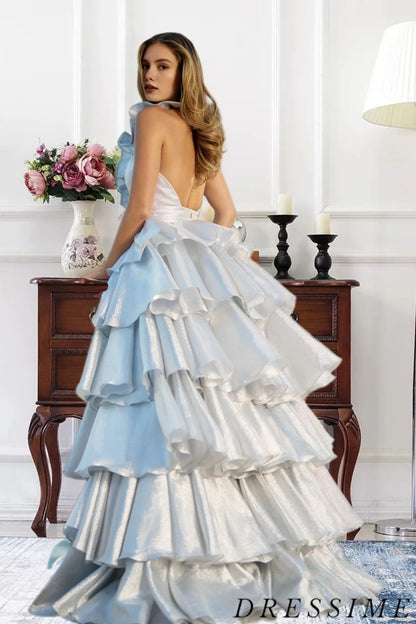 Dressime Sparkly A Line Halter Metallic Satin Tiered Long Prom Dress