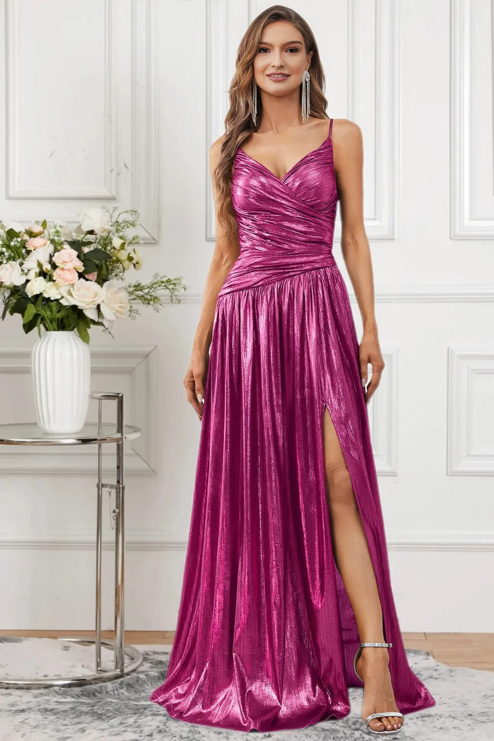 Dressime Sparkly A Line Spaghetti Straps Metallic Formal Dress With Slit