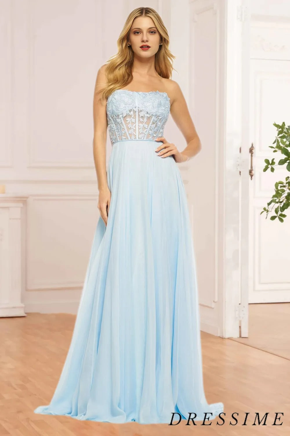 Dressime Sparkly A Line Strapless Chiffon Long Prom Dress With Appliques