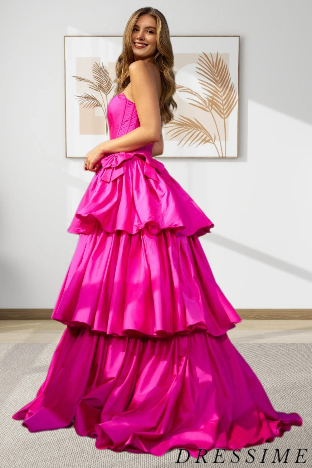 Dressime Sparkly A Line Strapless Satin Tiered Long Prom Dress with Bowknot