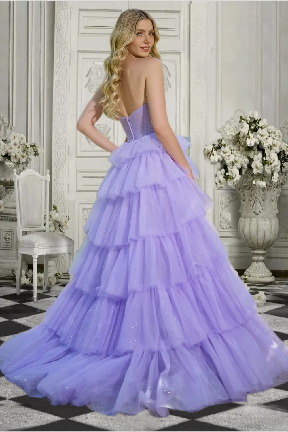 Dressime Sparkly A Line Sweetheart Tulle Tiered Long Prom Dress