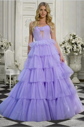 Dressime Sparkly A Line Sweetheart Tulle Tiered Long Prom Dress