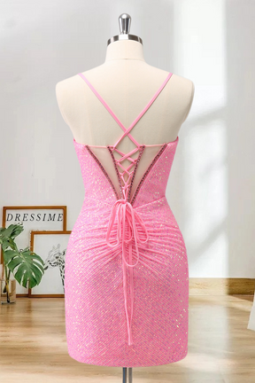 Dressime Sparkly Bodycon Spaghetti Straps Corset Short/Mini Homecoming Dress with Sequins