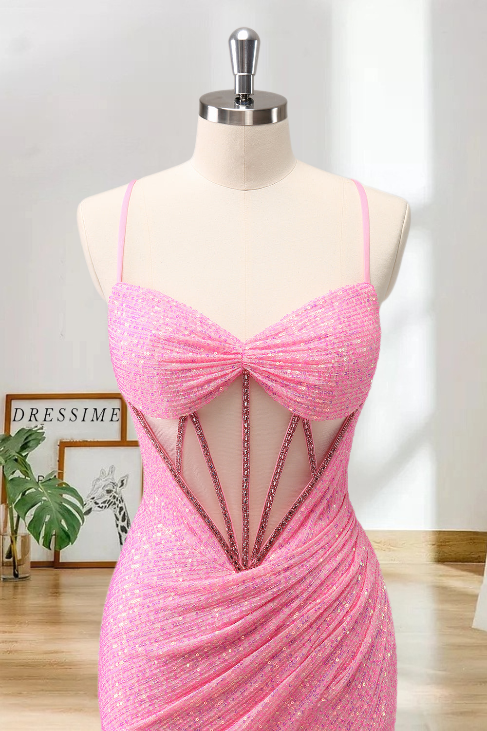 Dressime Sparkly Bodycon Spaghetti Straps Corset Short/Mini Homecoming Dress with Sequins