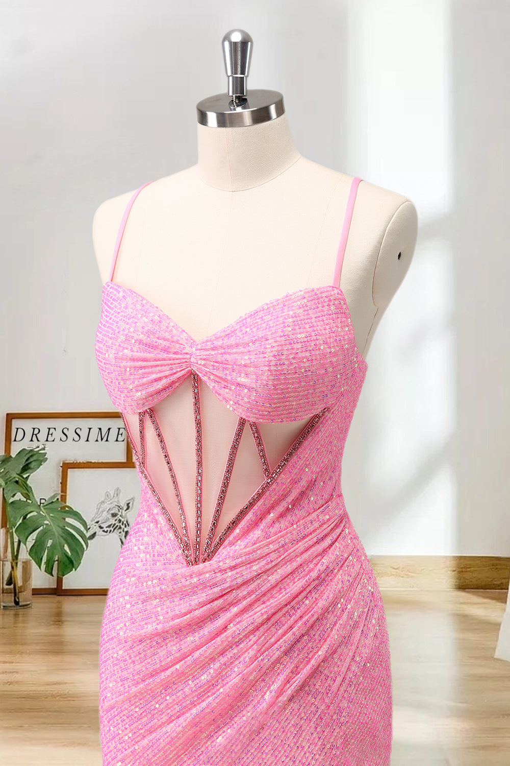 Dressime Sparkly Bodycon Spaghetti Straps Corset Short/Mini Homecoming Dress with Sequins