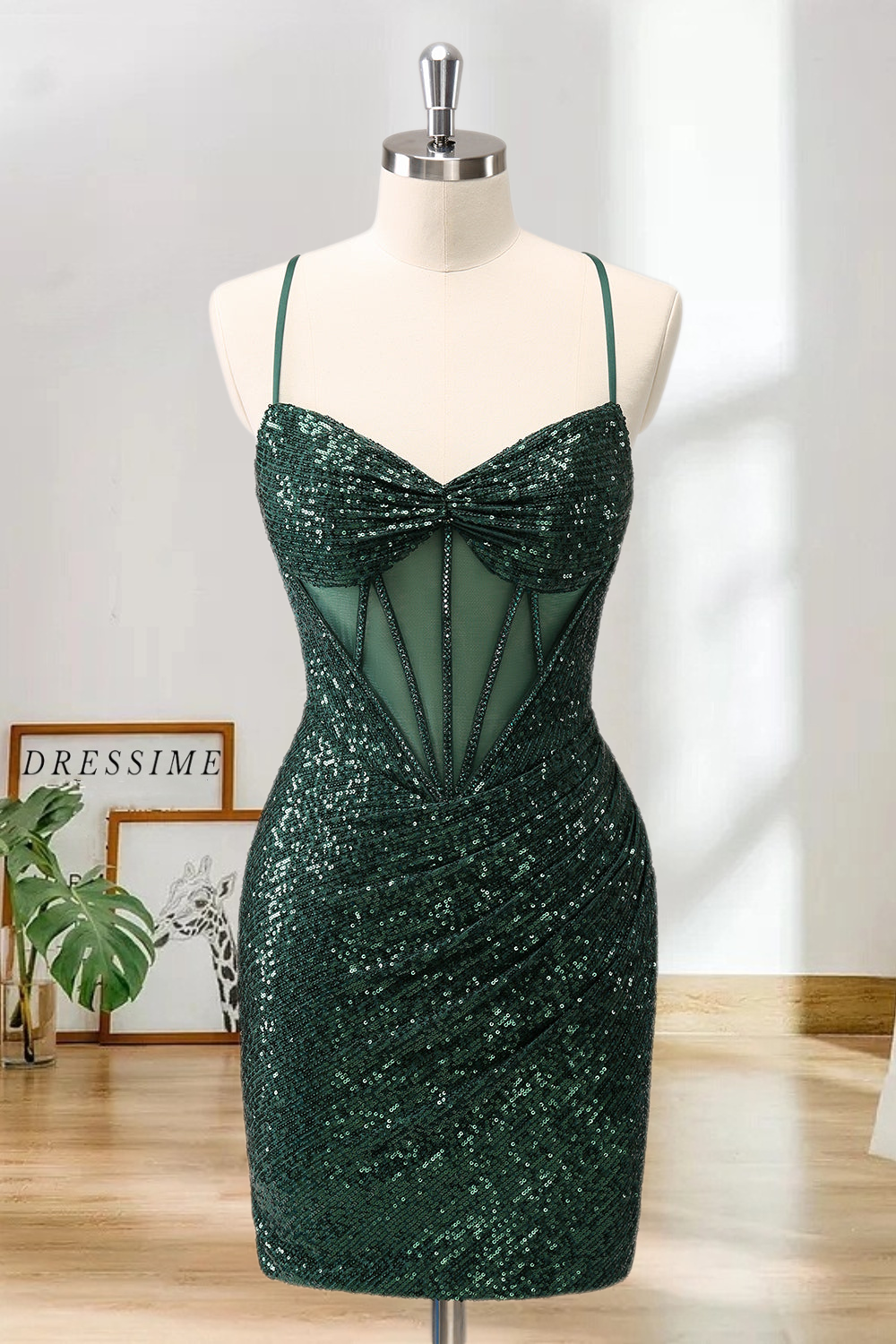 Dressime Sparkly Bodycon Spaghetti Straps Corset Short/Mini Homecoming Dress with Sequins