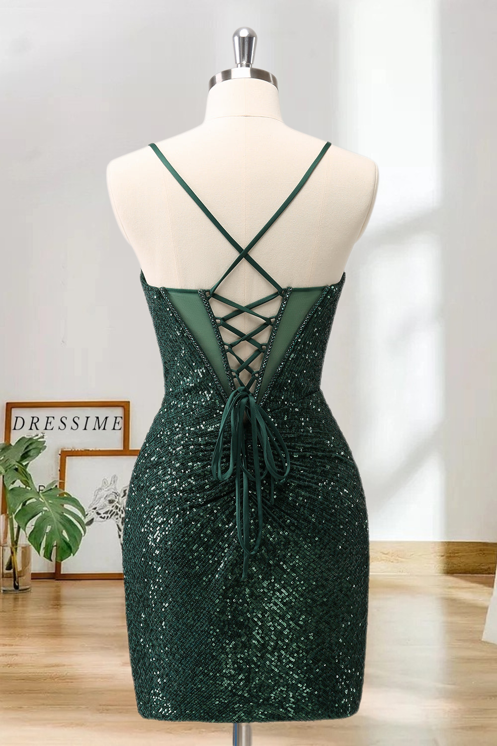 Dressime Sparkly Bodycon Spaghetti Straps Corset Short/Mini Homecoming Dress with Sequins