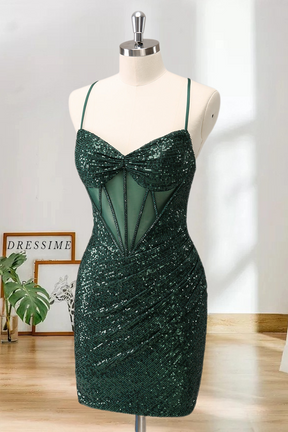 Dressime Sparkly Bodycon Spaghetti Straps Corset Short/Mini Homecoming Dress with Sequins