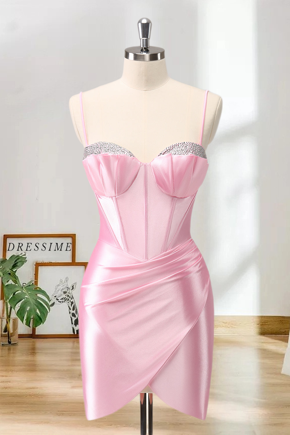 Dressime Sparkly Bodycon Spaghetti Straps Satin Corset Tight Short/Mini Homecoming Dress with Beaded