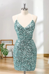 Dressime Sparkly Bodycon V Neck Sequin Homecoming Dress with Slit