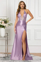 Dressime Sparkly Mermaid Halter Satin Prom Dress With Beading