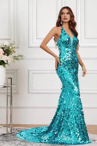 Dressime Sparkly Mermaid Halter Sequin Long Prom Dress With Slit