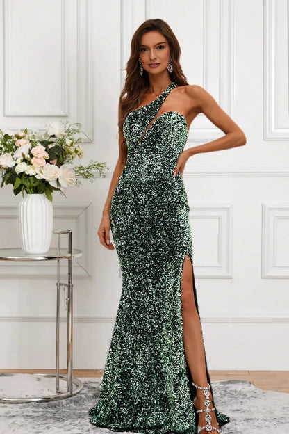 Dressime Sparkly Mermaid One Shoulder Sequin Formal Dress With Slit