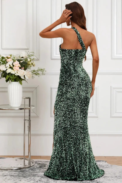 Dressime Sparkly Mermaid One Shoulder Sequin Formal Dress With Slit